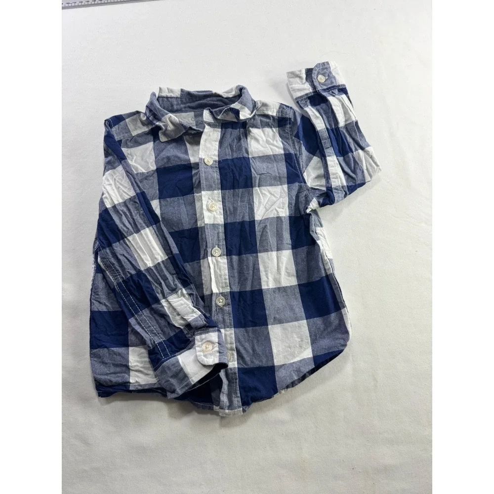 OshKosh‎ Bgosh Boys Navy Blue White Buffalo Plaid Button Down Shirt 3T
